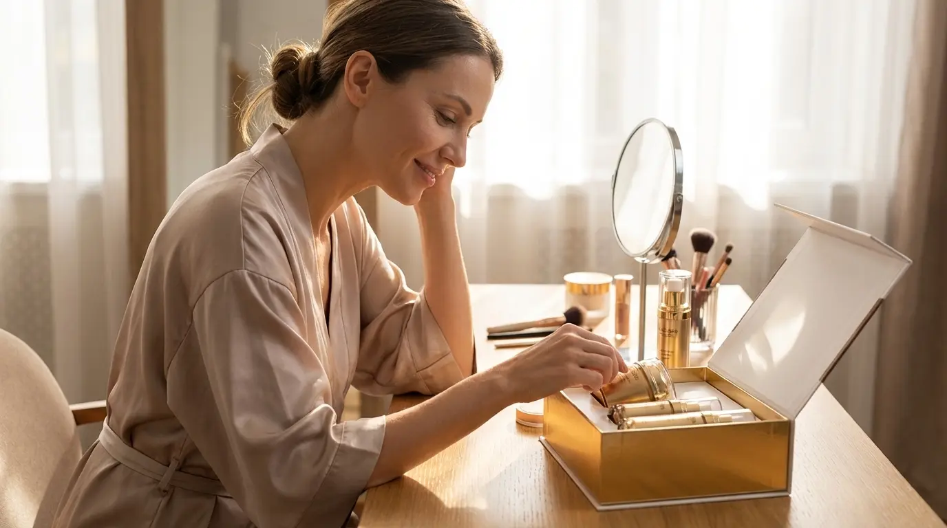 Woman enjoying ApiBeaute Luxury Gift Set at vanity