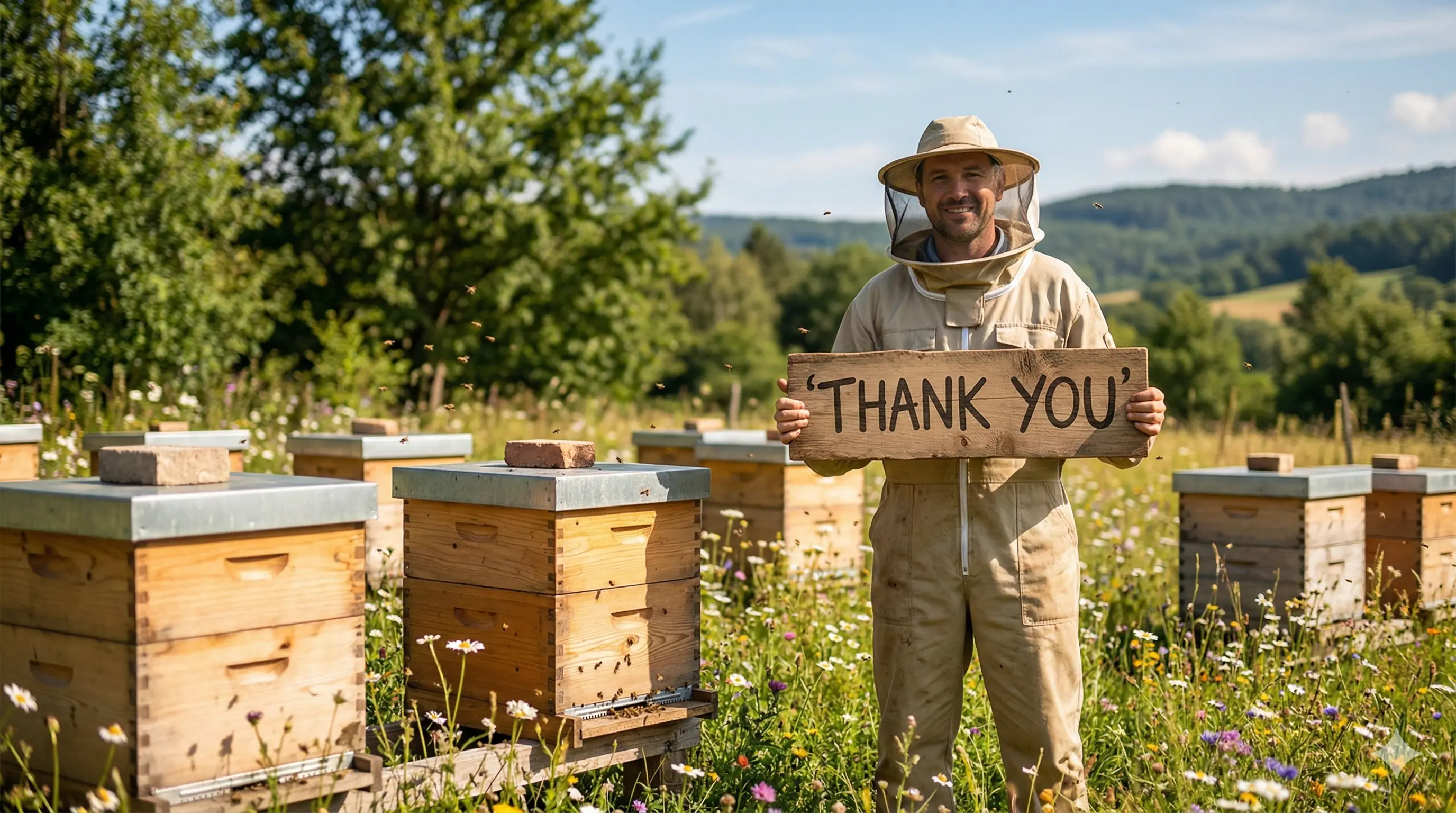 Beekeeper holding thank you sign